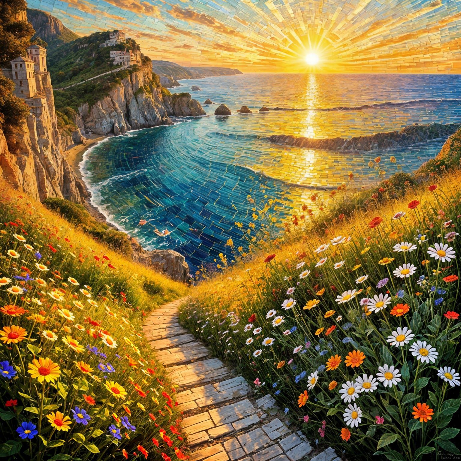 Vibrant Sunset Over Ocean Cliffside Path With Wildflowers