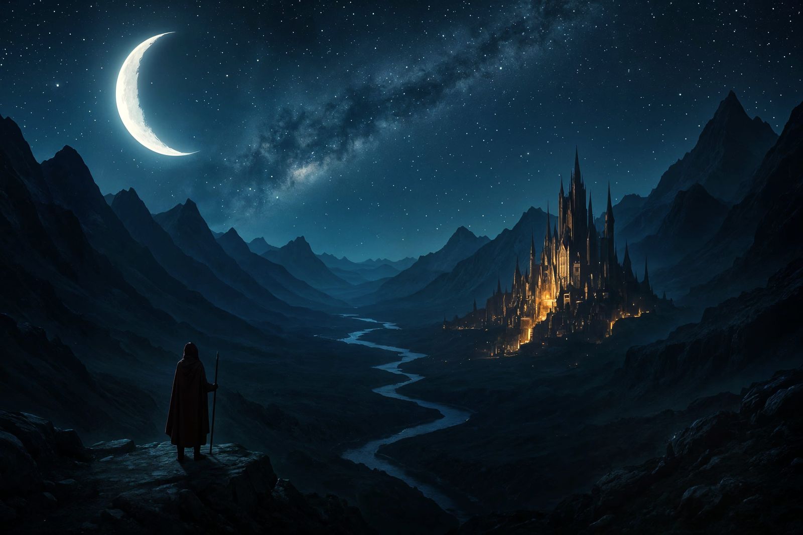 Moonlit Valley with Distant City