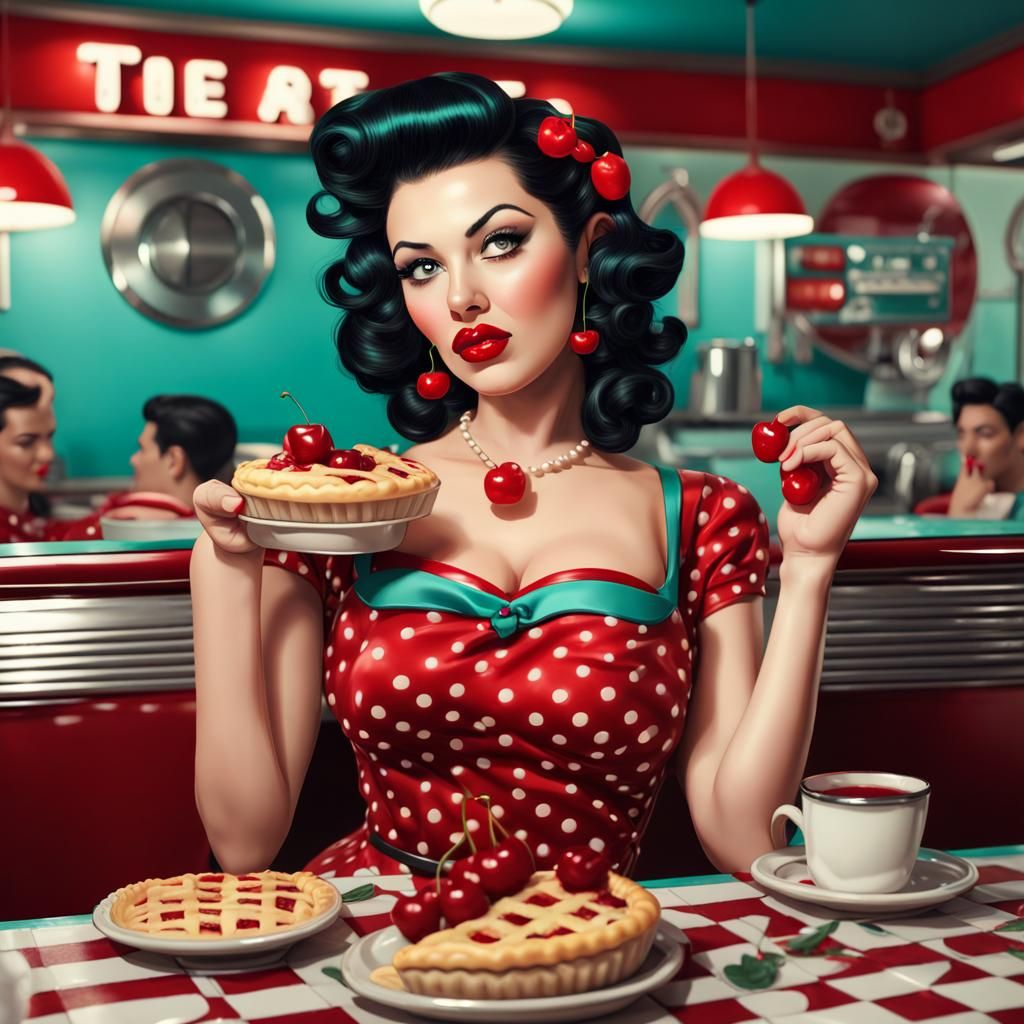 Stylized Pin-Up Girl in Diner with Cherry Pie