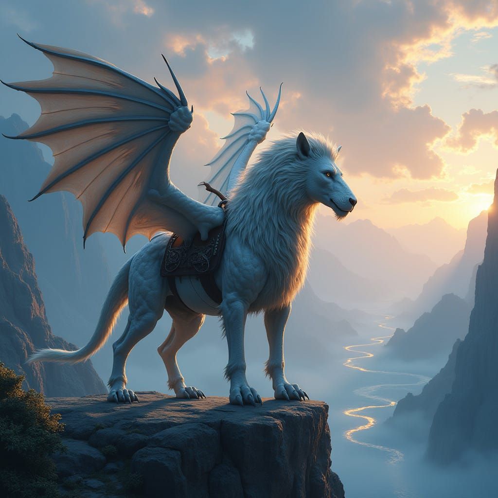 Mythical Dragon-Lion Mount in Dramatic Fantasy Landscape