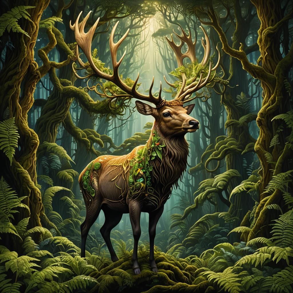 Elk Merging with Fern in Biomechanical Forest
