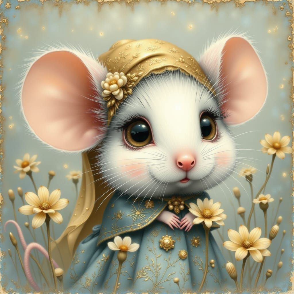 Whimsical Girl Mouse Portrait in Vintage Painterly Style