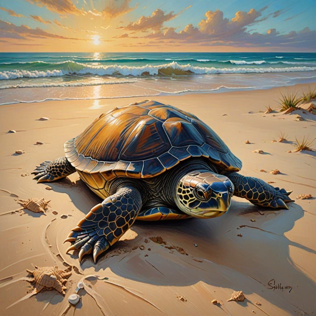 Vibrant Oil Painting of Baby Turtle in Majestic Beach Landsc...