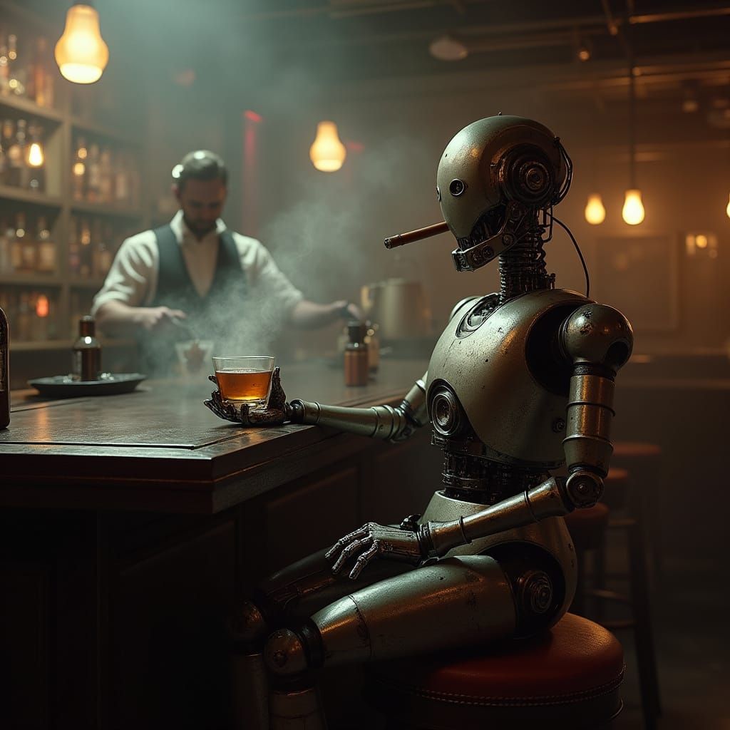 Robot in Smoky Bar: Industrial Film Noir Art