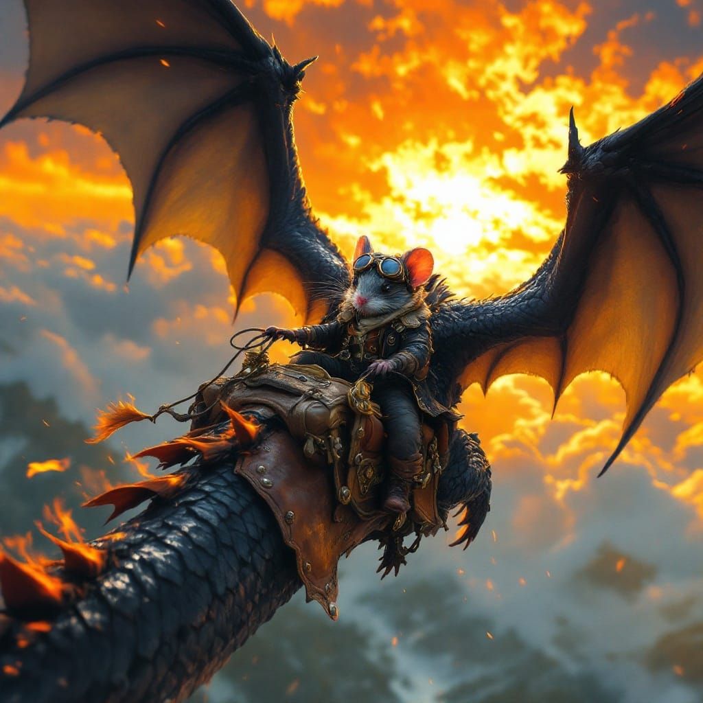 Mouse Rides Majestic Dark Fire Dragon into Sunset