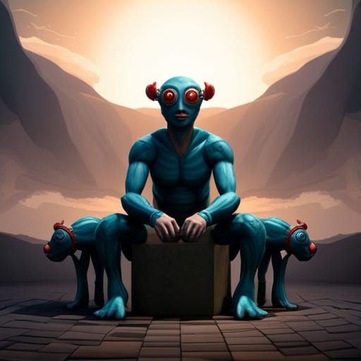 Fantastical Three-Headed Figure in Detailed Matte Painting