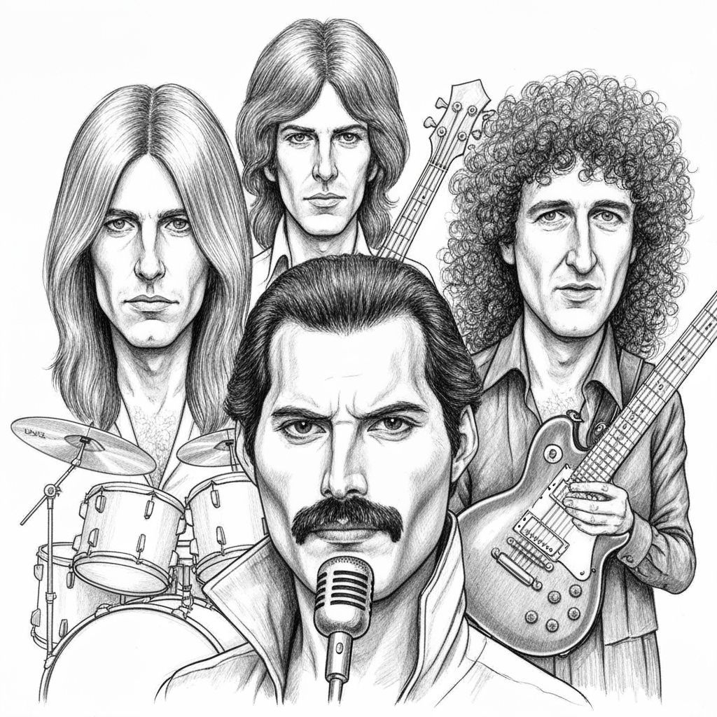 Queen Band Members Pencil Sketch Portrait