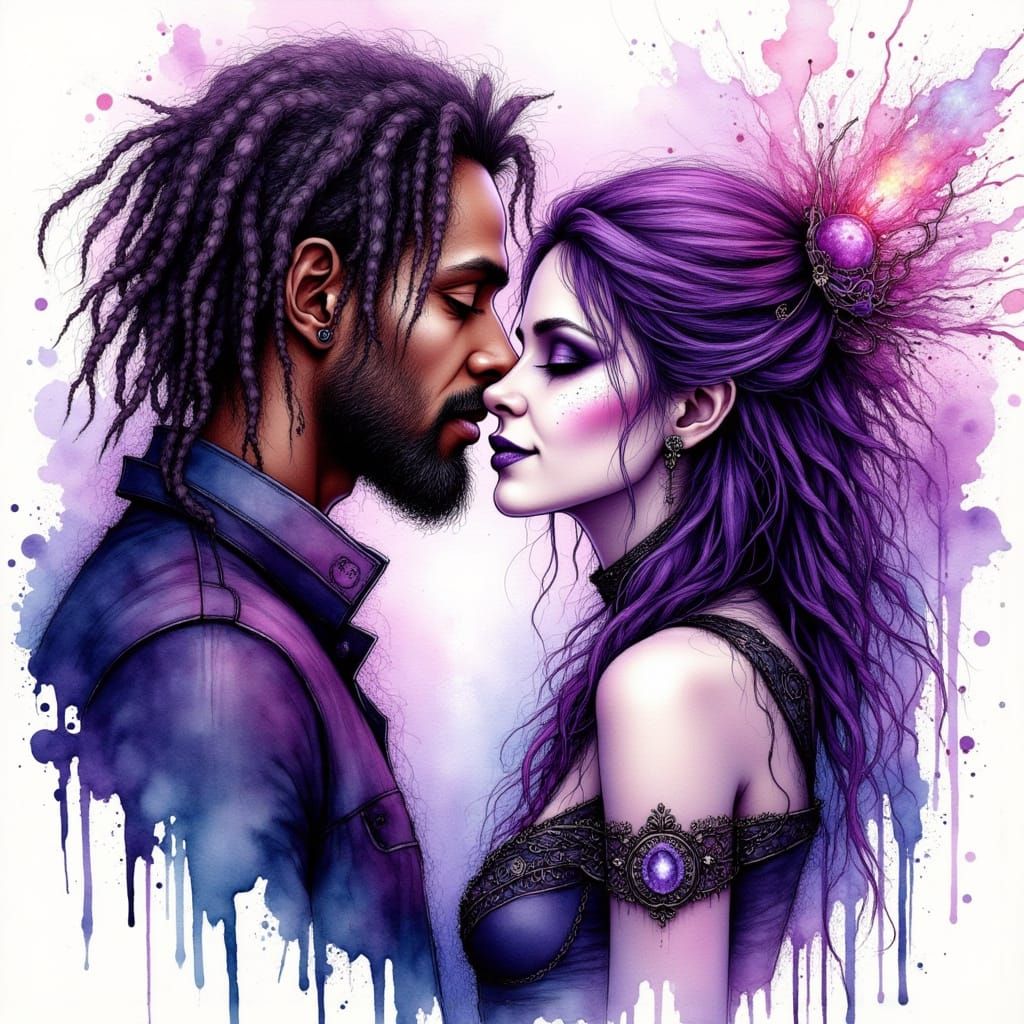 Ethereal Fantasy Love Scene in Vibrant Watercolor and Ink