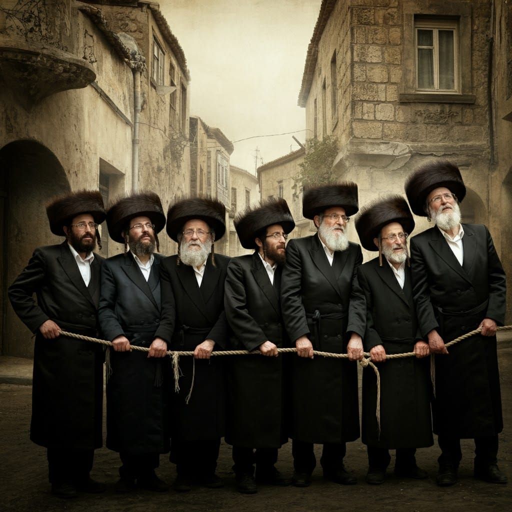 Hasidic Men Pulling Rope, Sepia Photograph Style