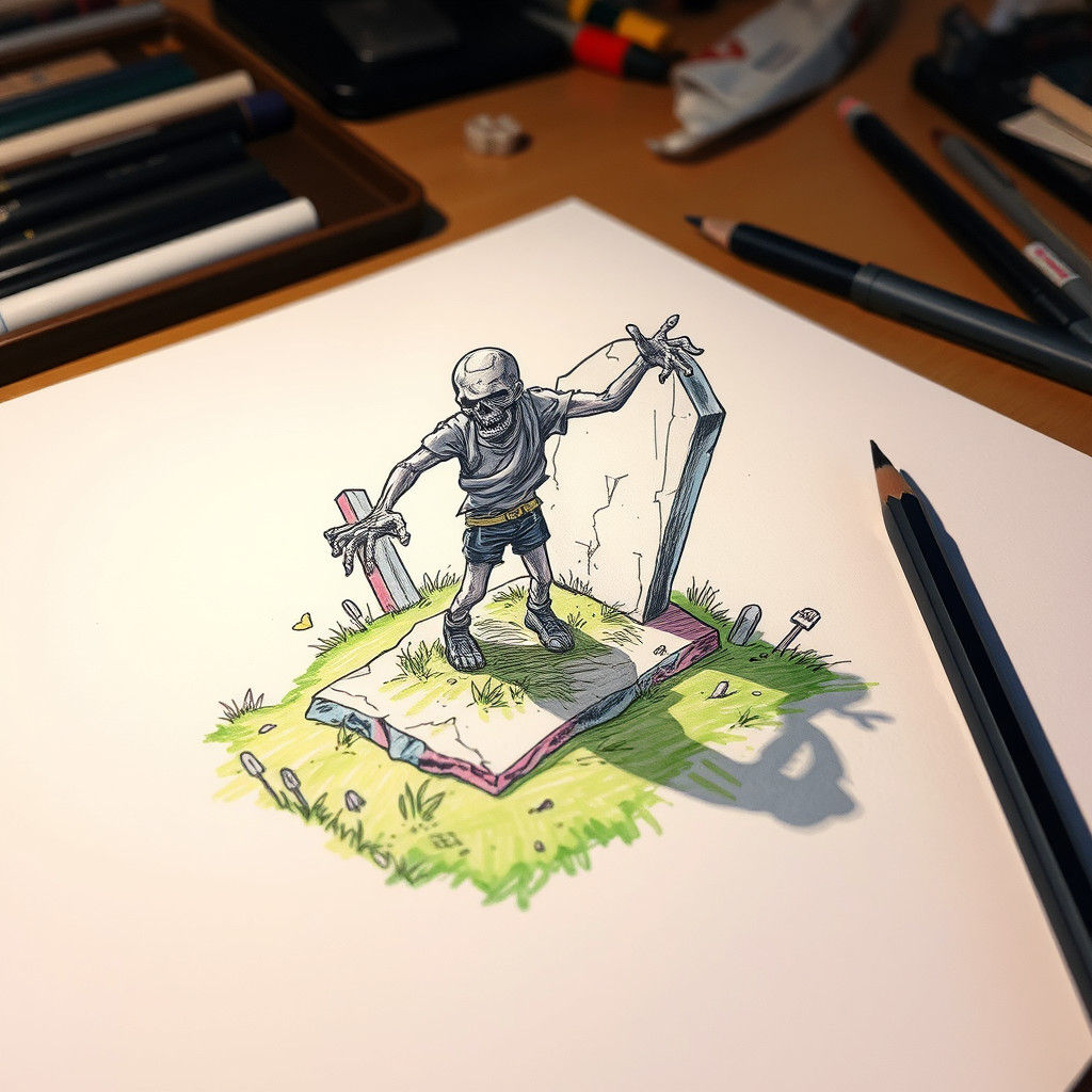 Zombie Rises from Grave in Colorful Sketch