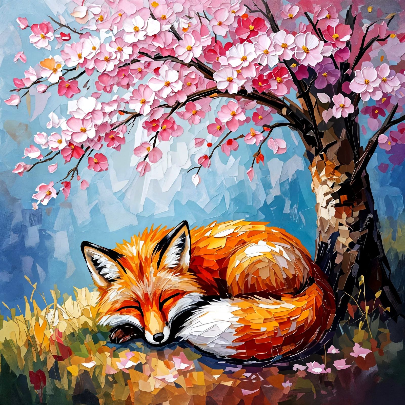 Fox Under Cherry Blossoms Impasto Painting