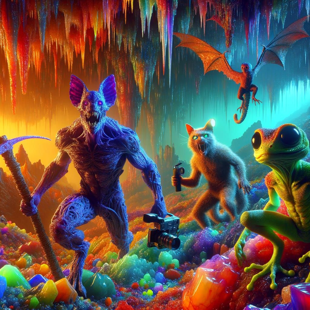 Ethereal Cave Encounter in Vibrant Glass Architecture