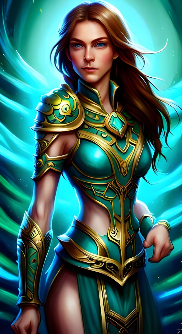 Beautiful Goddess in Green and Blue Armor