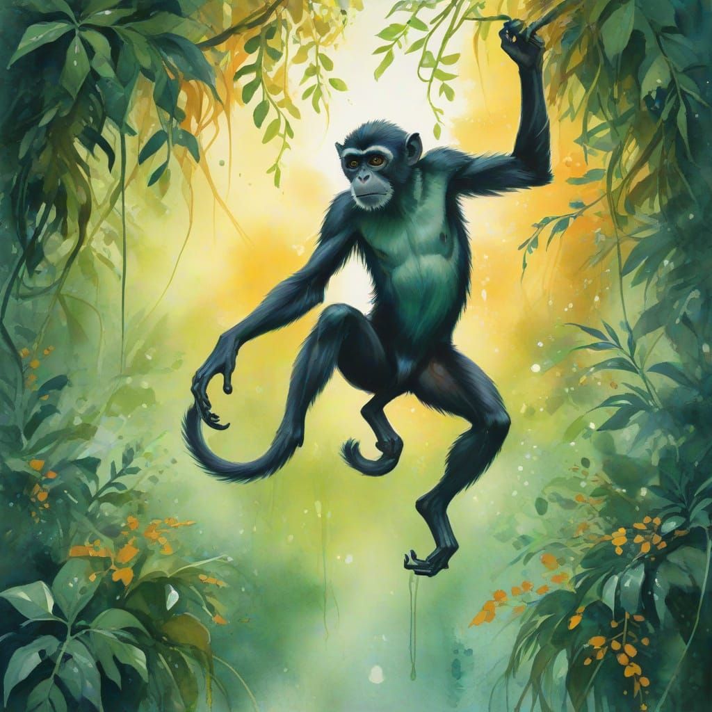 Spider Monkey Leaping Through Jungle Vines in Watercolor Sty...