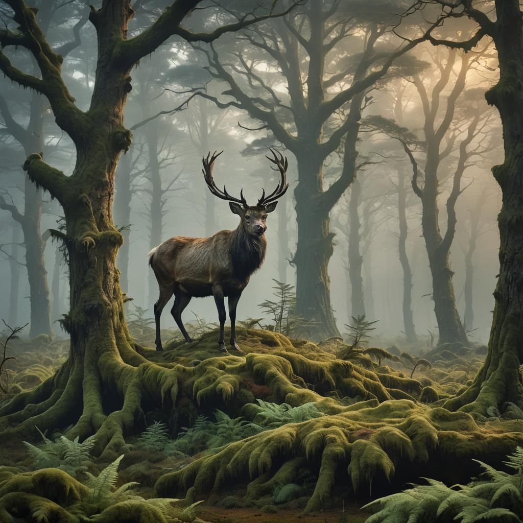 Mystical Stag in Ancient Forest: Eerie Realism