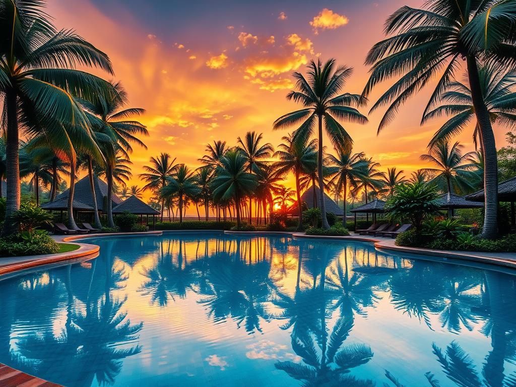 Malaysian Pool Scene at Sunset: Hyperrealistic Digital Art