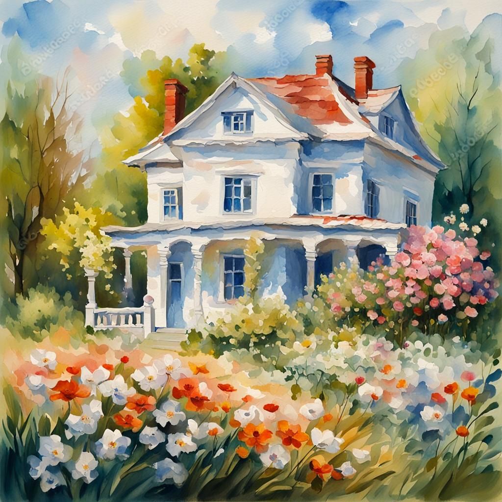 White House with Flowers in Gouache Style