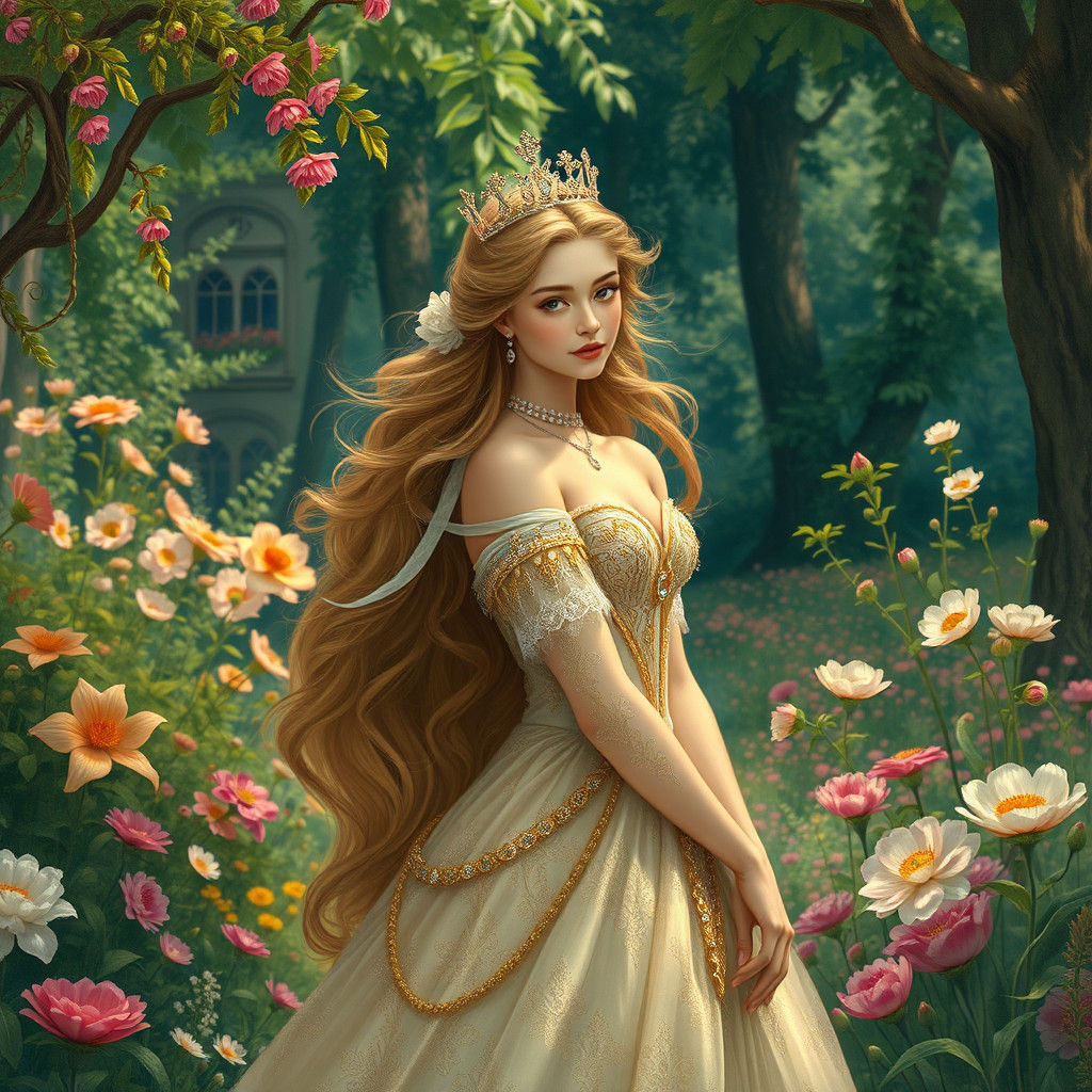 Elegant Princess in Klimt-Inspired Golden Garden