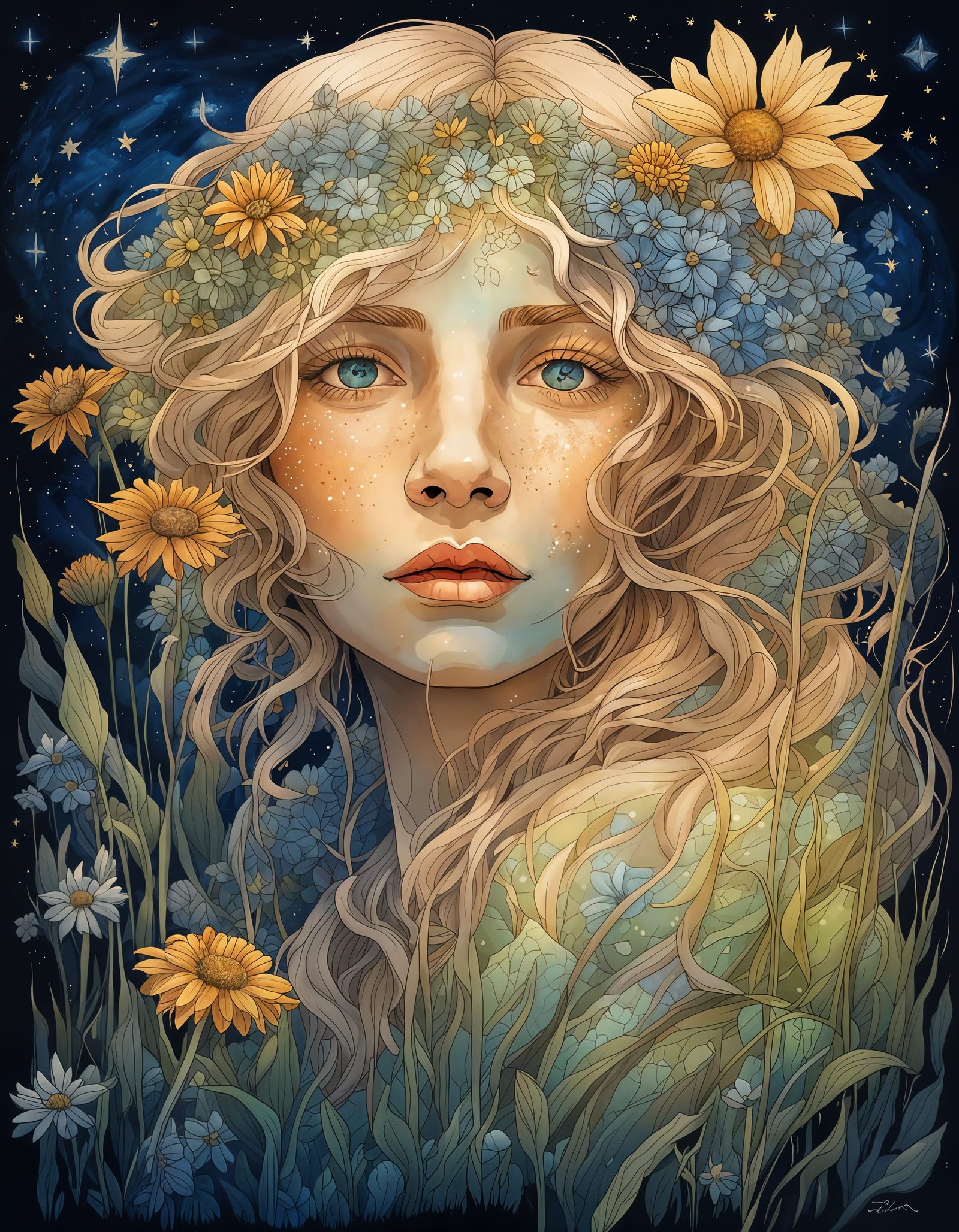 Mystical Wood Nymph Portrait in Art Nouveau Style