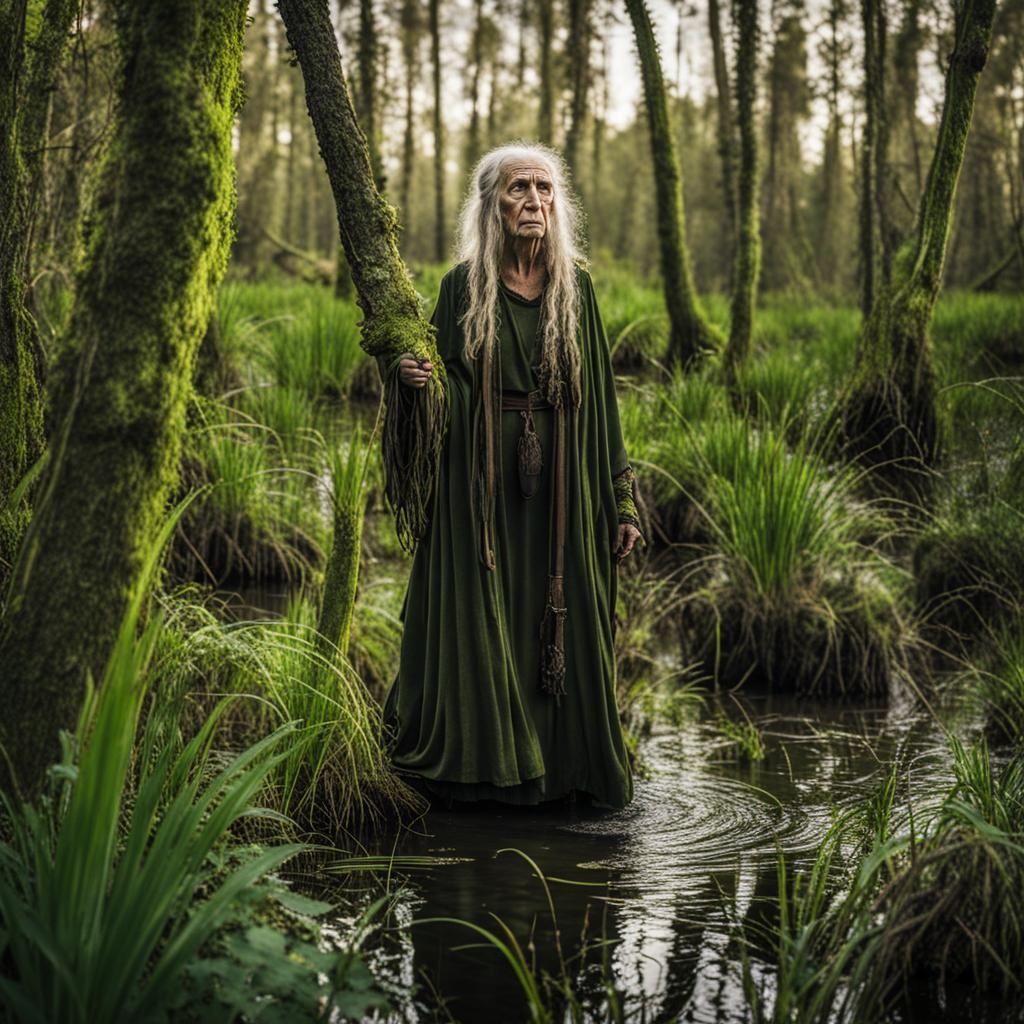 Old green hag in a lush swamp