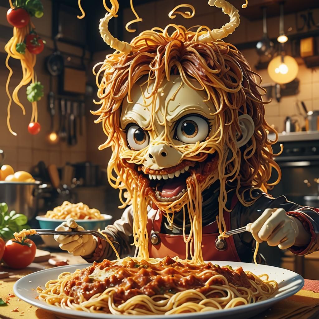 Lasagna Monster's Spaghetti Feast in Anime Style