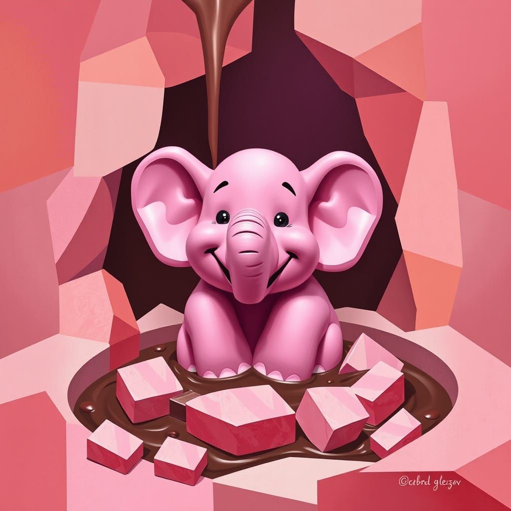 Pink Elephant with Chocolate Fountain in Cubist Style