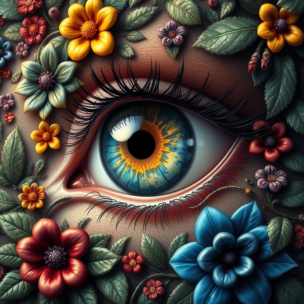 Vibrant Eye Amidst Whimsical Floral Patterns