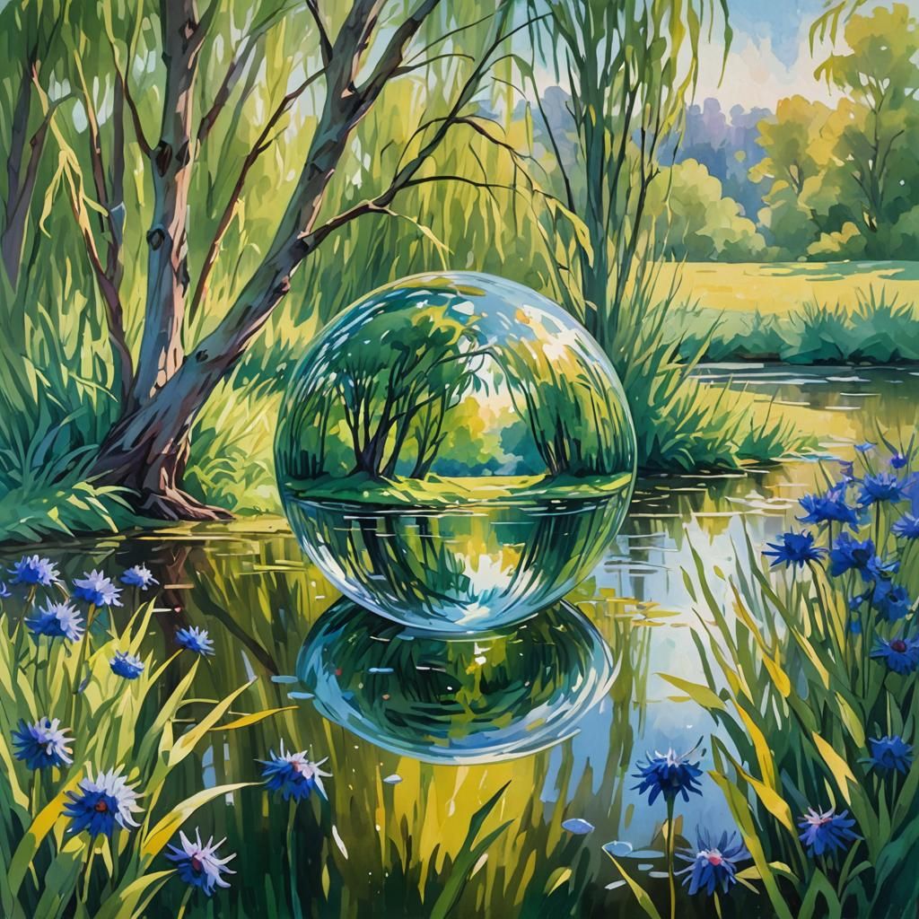 Glass Sphere Reflecting Willow: Impressionist Gouache Painti...