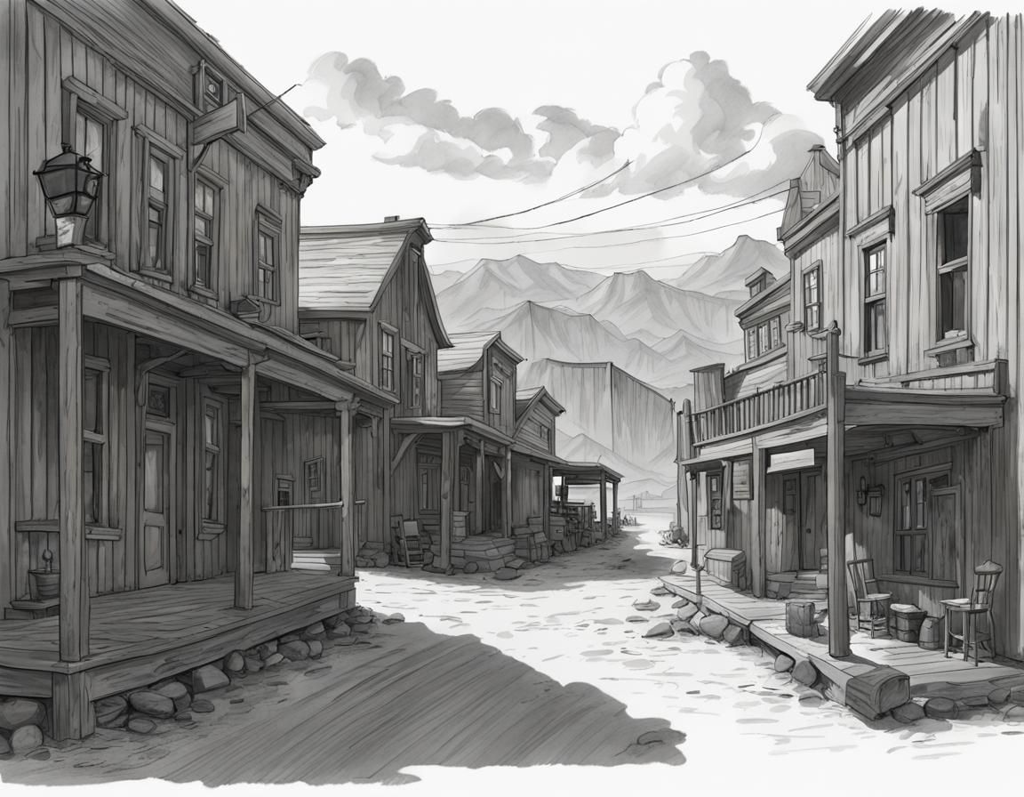 Western Movie Set in Gray and White Line Art