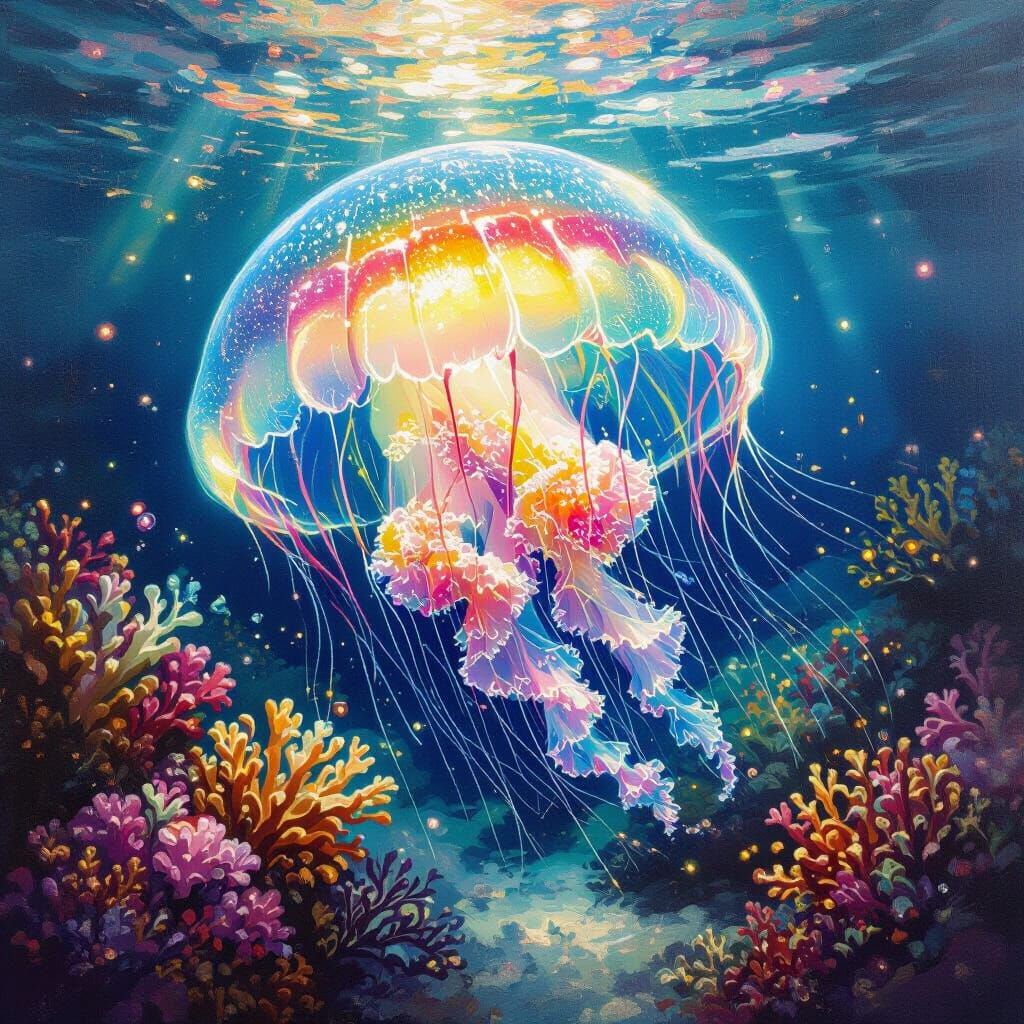 Bioluminescent Jellyfish Dance in Coral Reef, Oil Painting