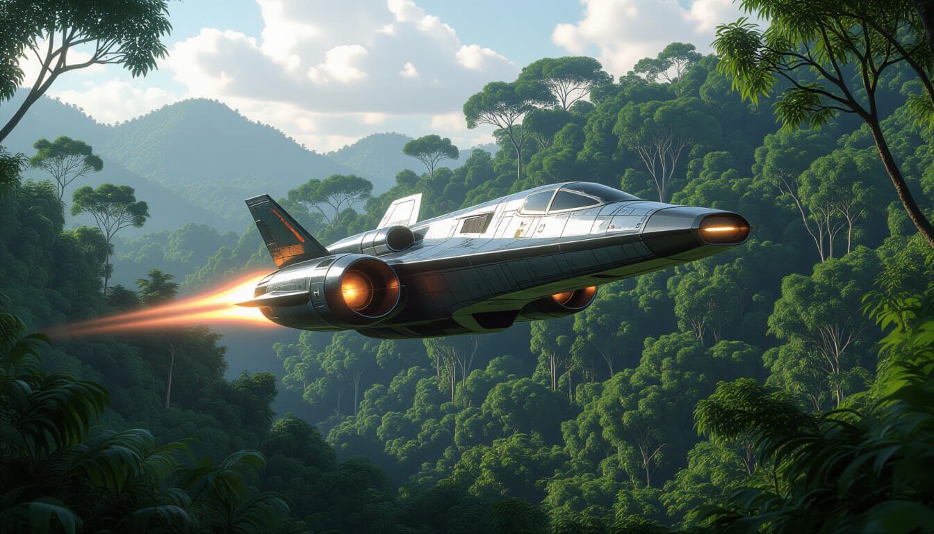 Spaceship Flies Over Lush Jungle in Photorealistic Style