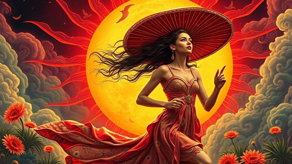Woman Runs Past Sun, Moon and Mushroom Art