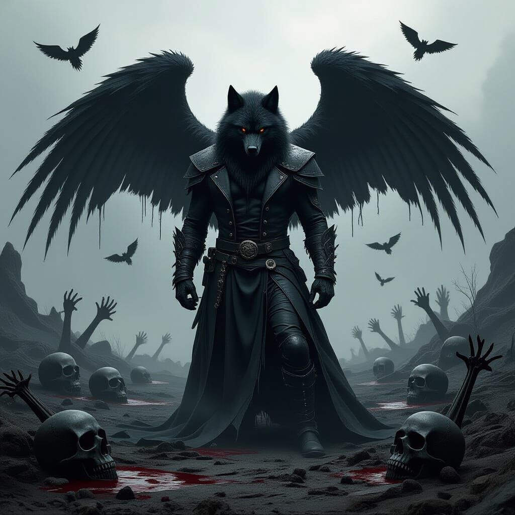 Menacing Black Werewolf in a Horror Landscape