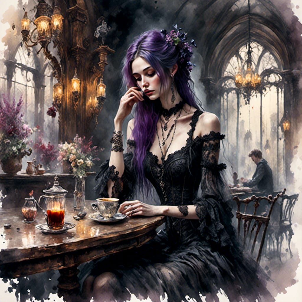 Bohemian Girl in Gothic Cafe: Watercolor Illustration