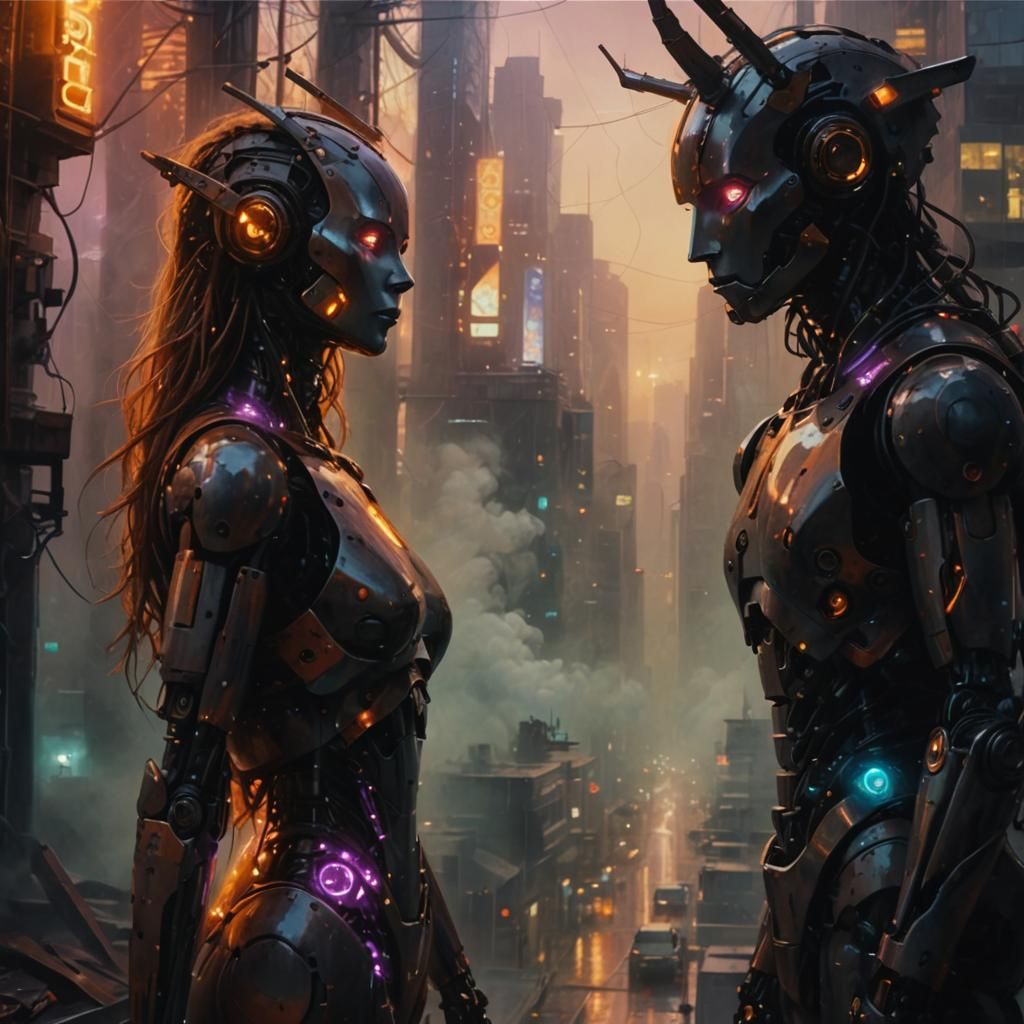 Futuristic Robot in Dreamlike Cityscape, Surreal Oil Paintin...