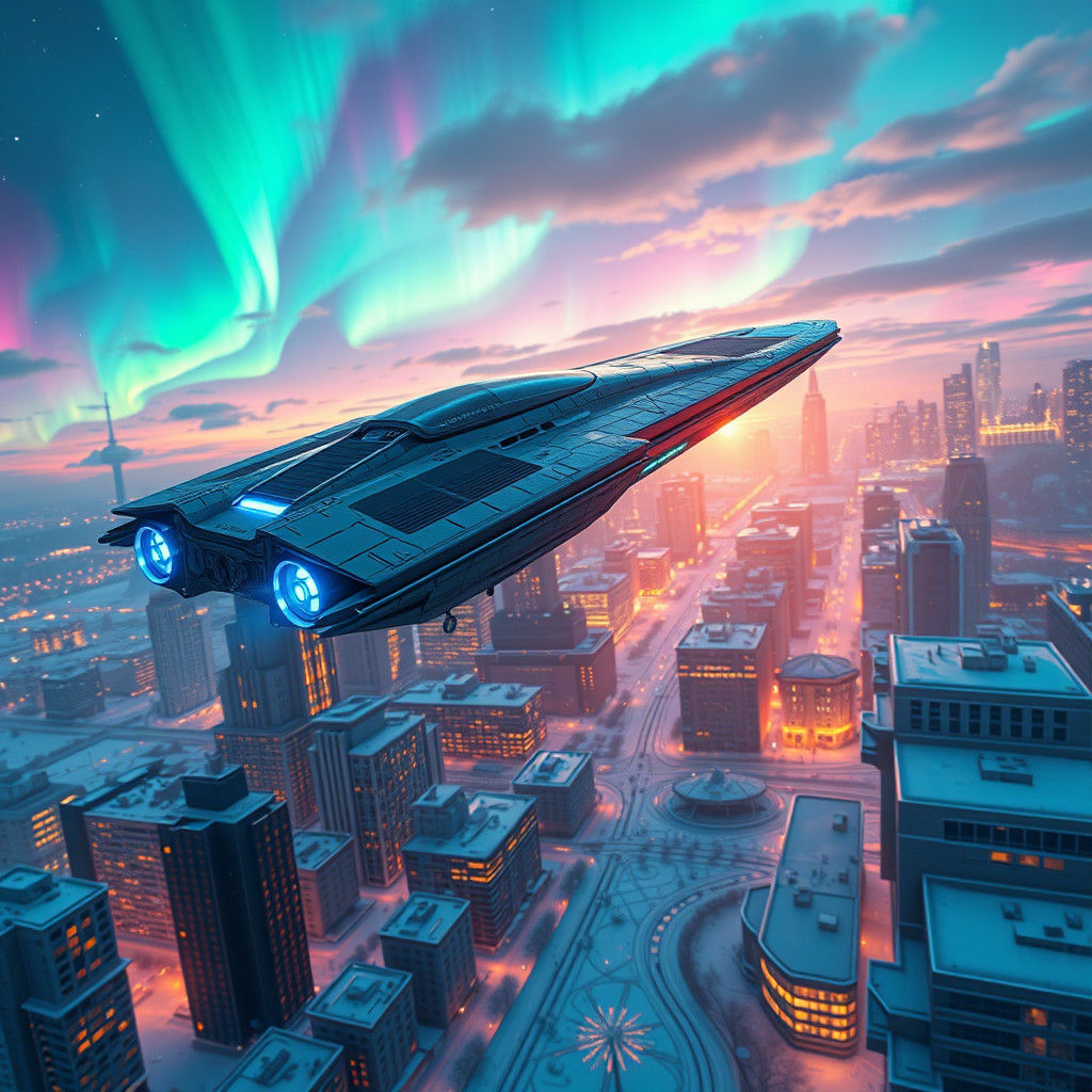 Futuristic Spaceship Over Christmas City in 8k