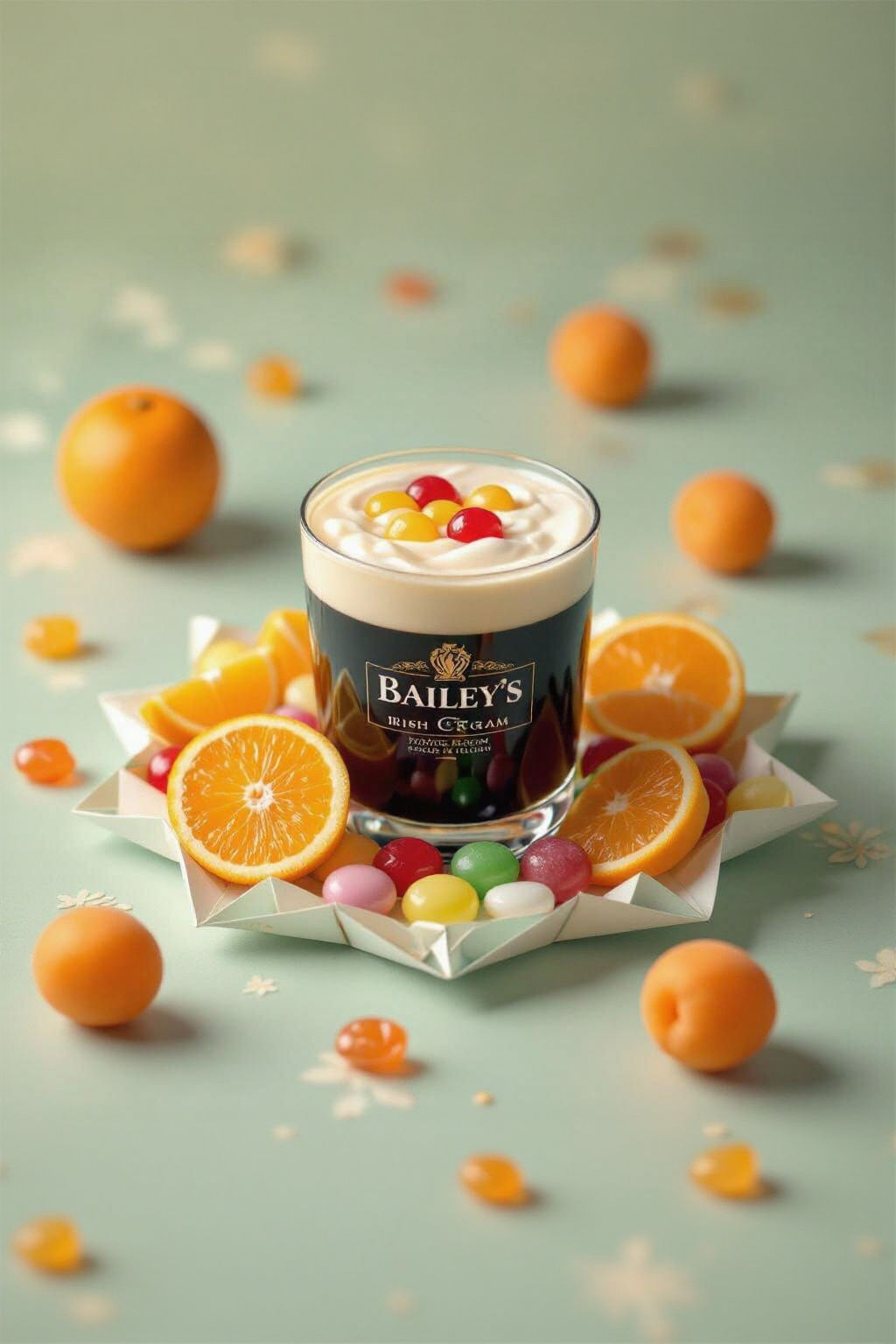 Baileys, Fruit Candy, and Apricots on Origami Paper