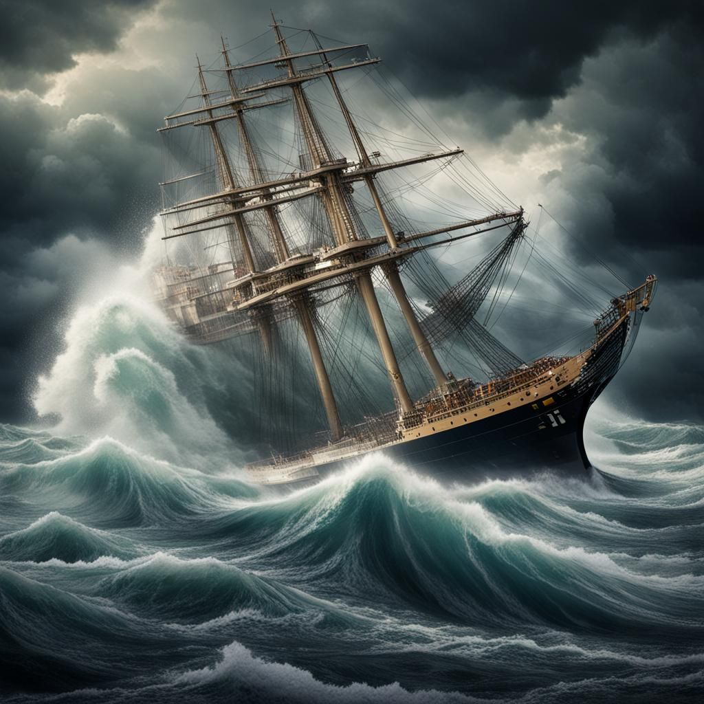 Ship Adrift in Stormy Waters with Large Waves