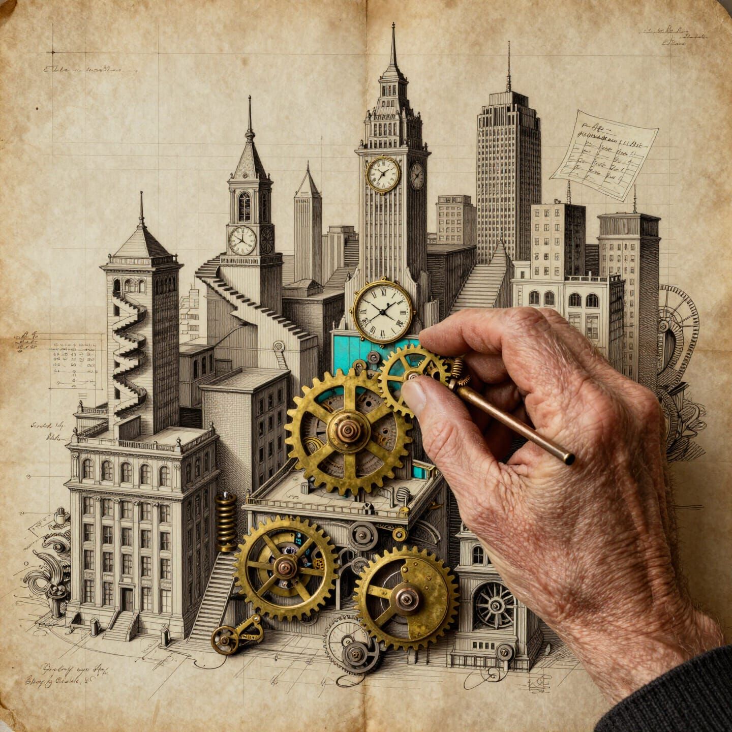 Elderly Clockmaker's Hands Holding Impossible Cityscape