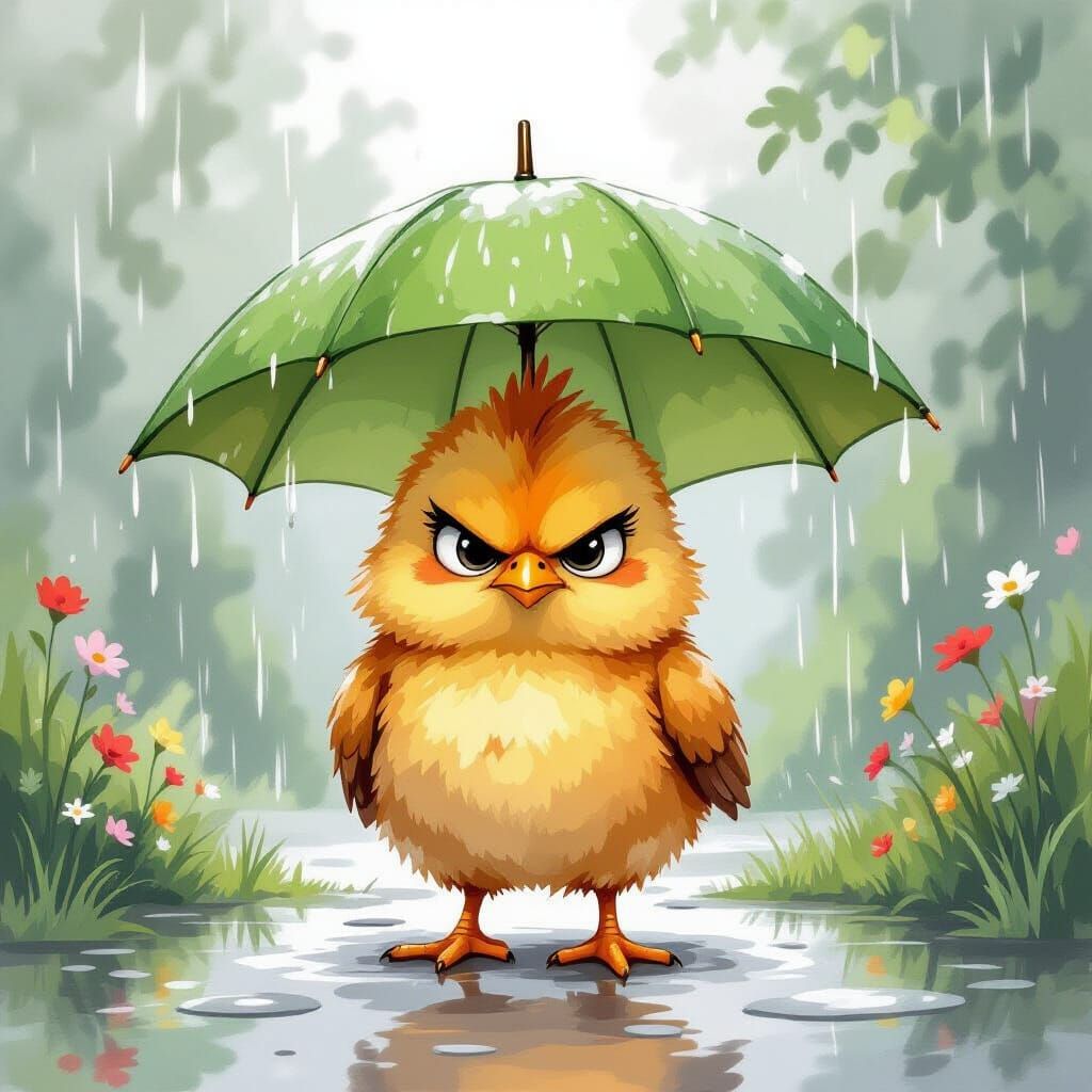 Grumpy Chick in Rainy Garden Illustration