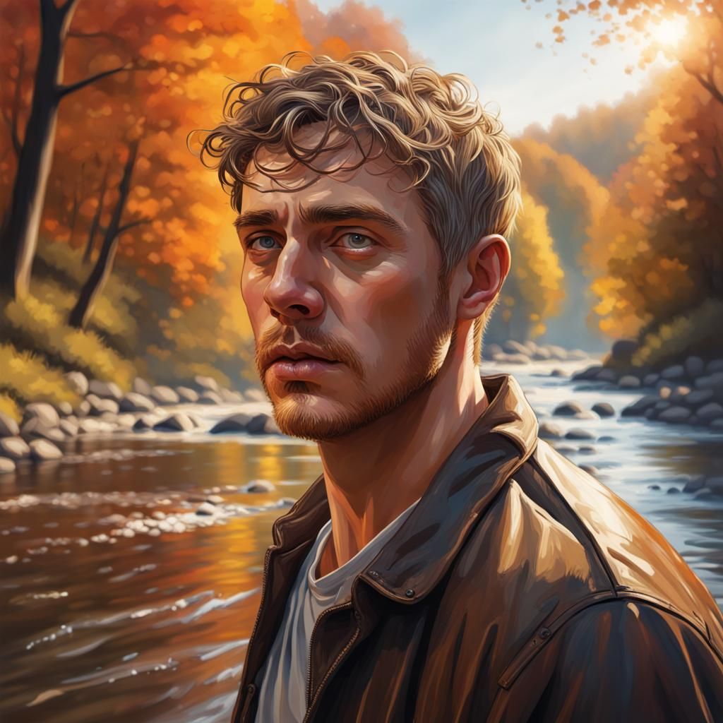 Hyperrealistic Man by River in Autumn Splash Art