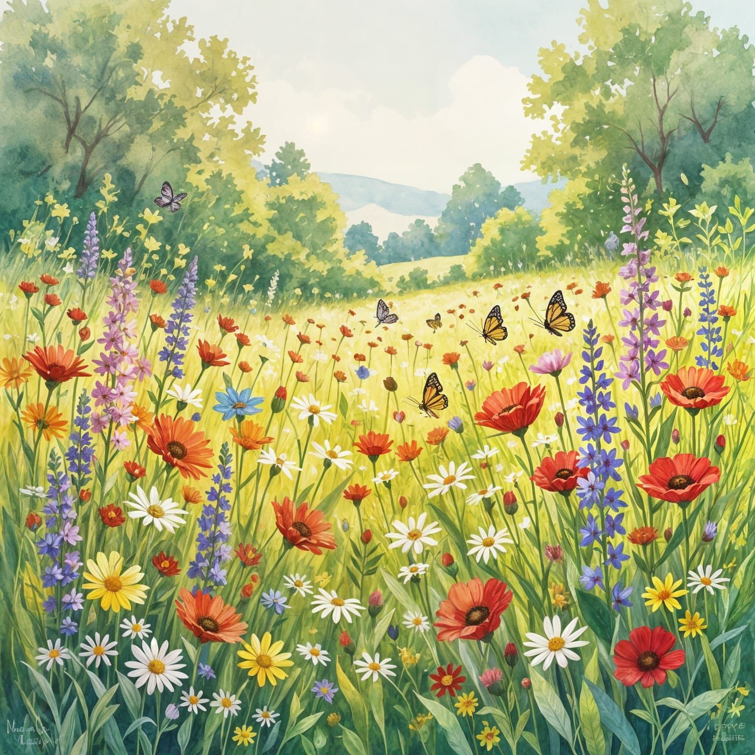 Whimsical Watercolor Meadow with Wildflowers and Butterflies