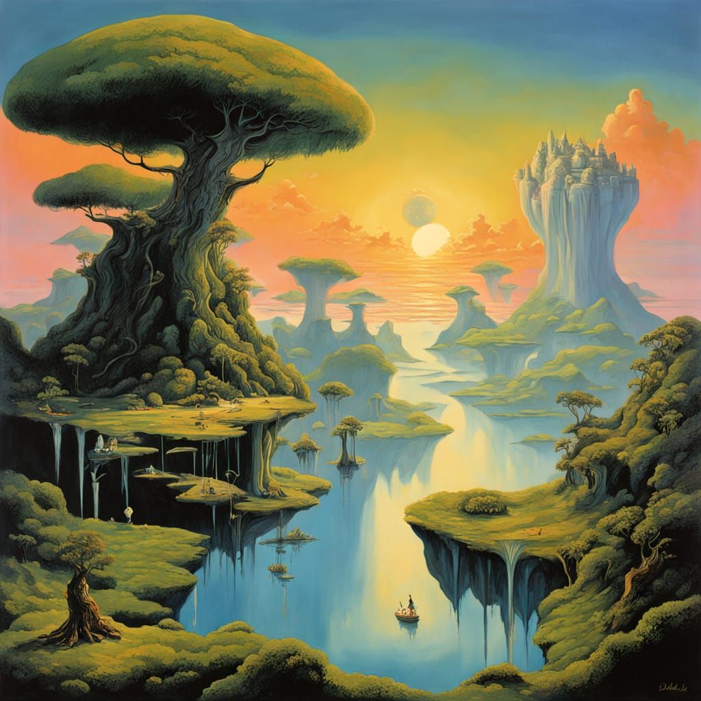 Floating Islands with Waterfalls in a Cloud Sea, Digital Pai...