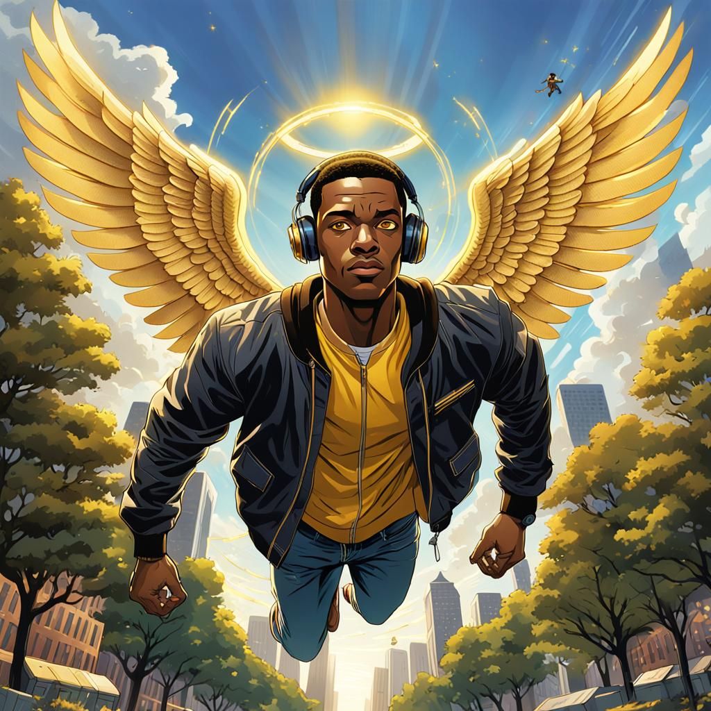 Joyful Black Angel in City Park, Comic Book Art