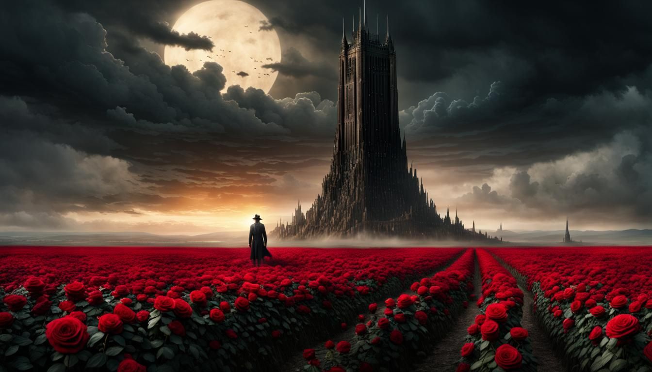 Dark Tower Surrounded by Roses: Digital Matte Painting