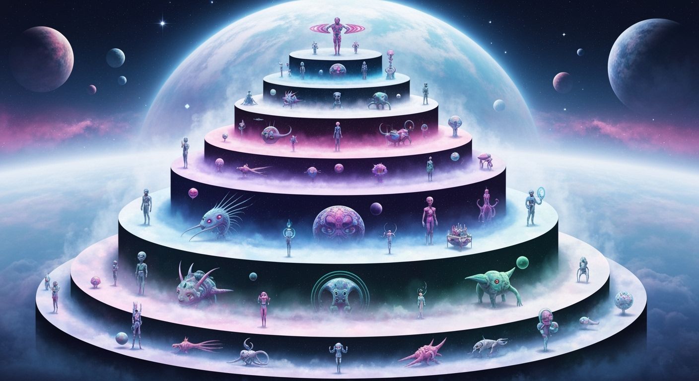 Surreal Cosmic Cake Platform with Celestial Backdrop