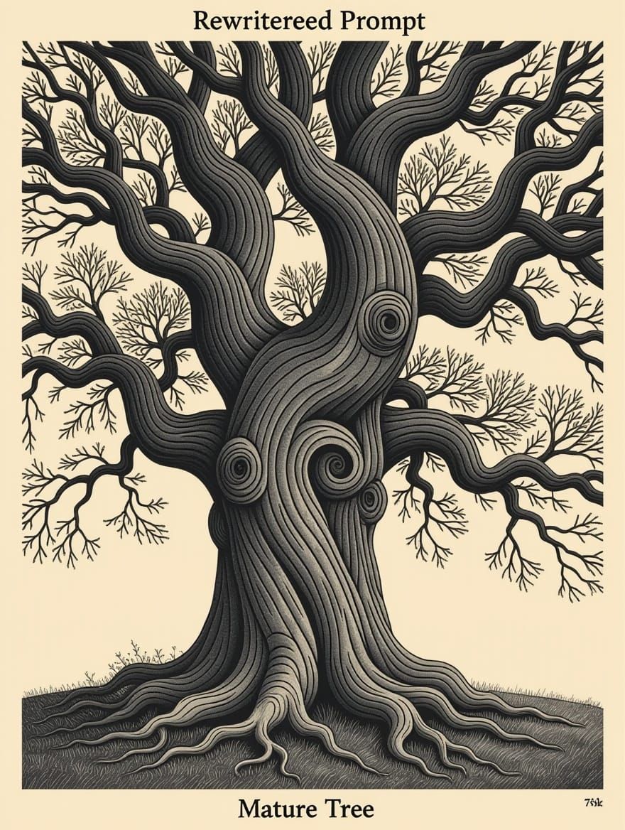 Ancient Tree in Intricate Grayscale Illustration