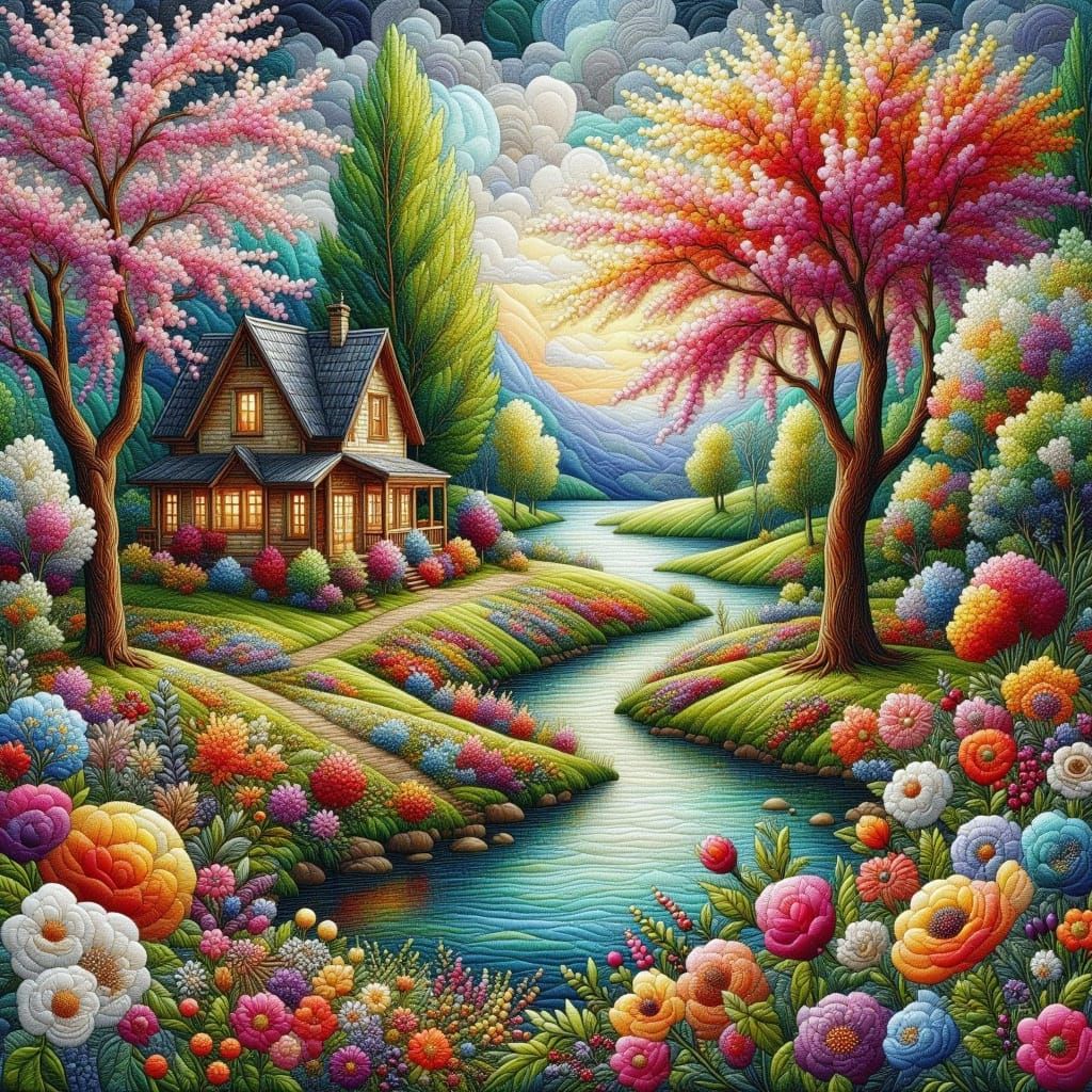 Patchwork Quilt with Spiderwebbing Stitching