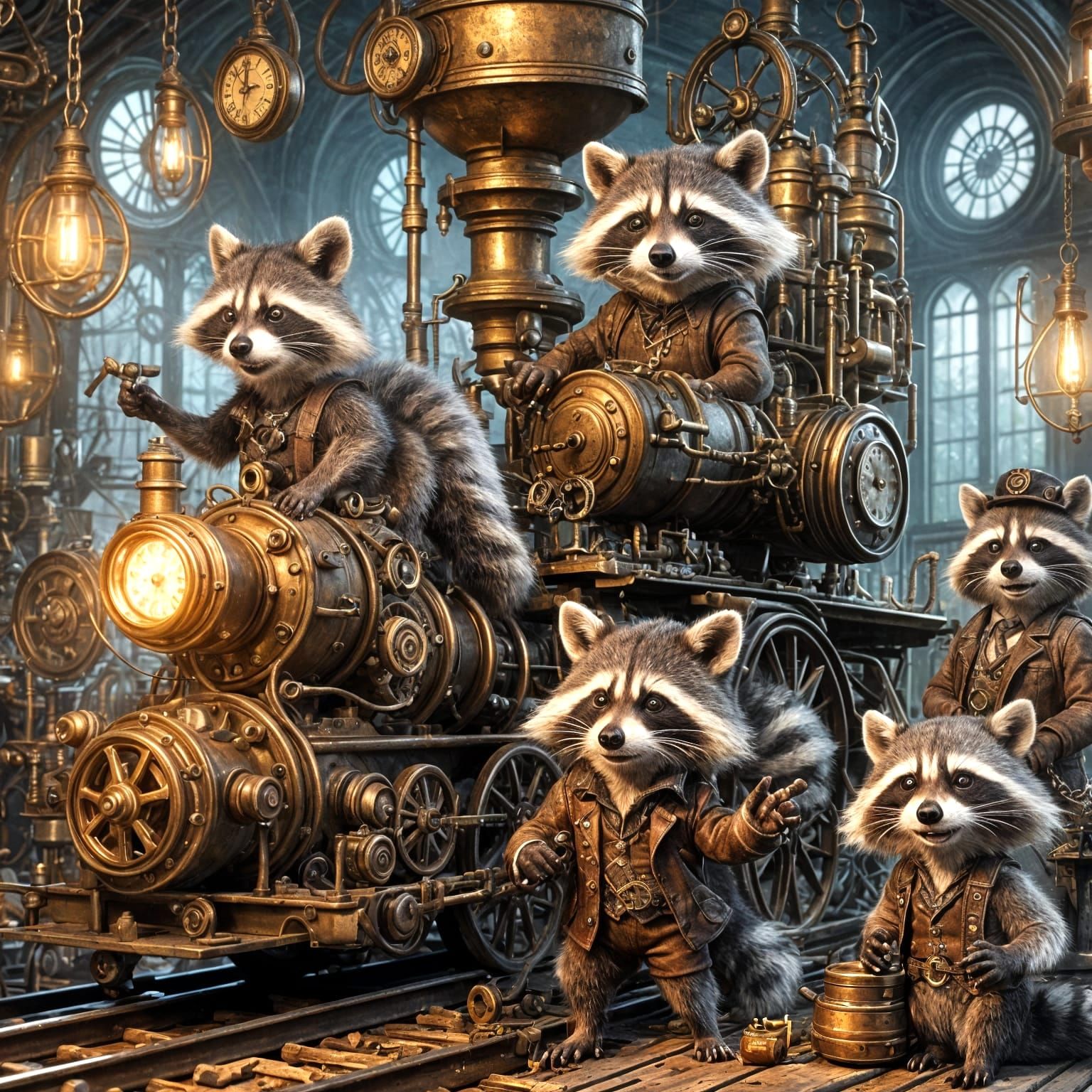 Steampunk Raccoons Repairing Clockwork Engine