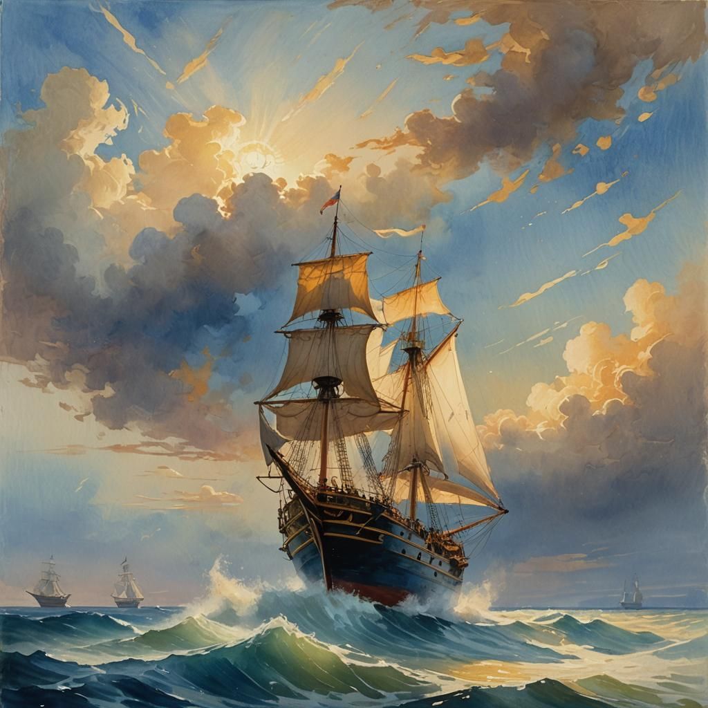 Ship Figurehead Sets Sail: Gouache Watercolor Masterpiece
